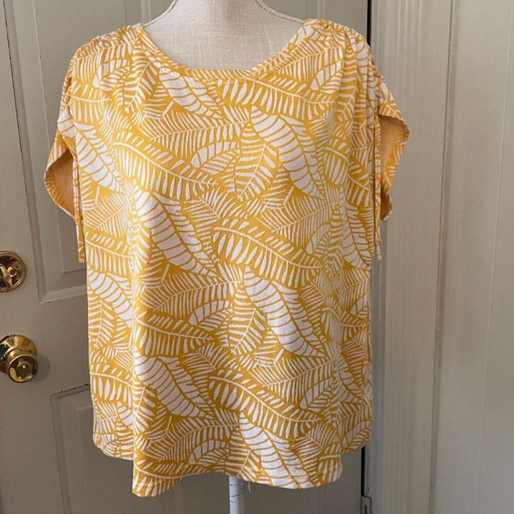 Liz Claiborne Yellow & White Leaf Pattern Short Sleeve Top Size XXL